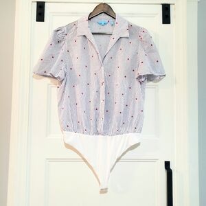 Draper James RSVP Womens XL Button Up Collared Bodysuit Navy Stripe Red Stars